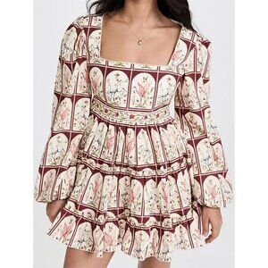 Agua by Agua Bendita Avena Garza Bird Heron Mini Dress Red Floral Tile Print XS